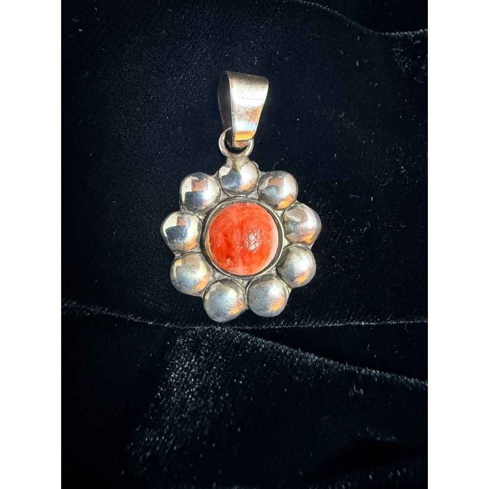Vintage Fine 950 Silver & Natural Orange Coral Flower Pendant